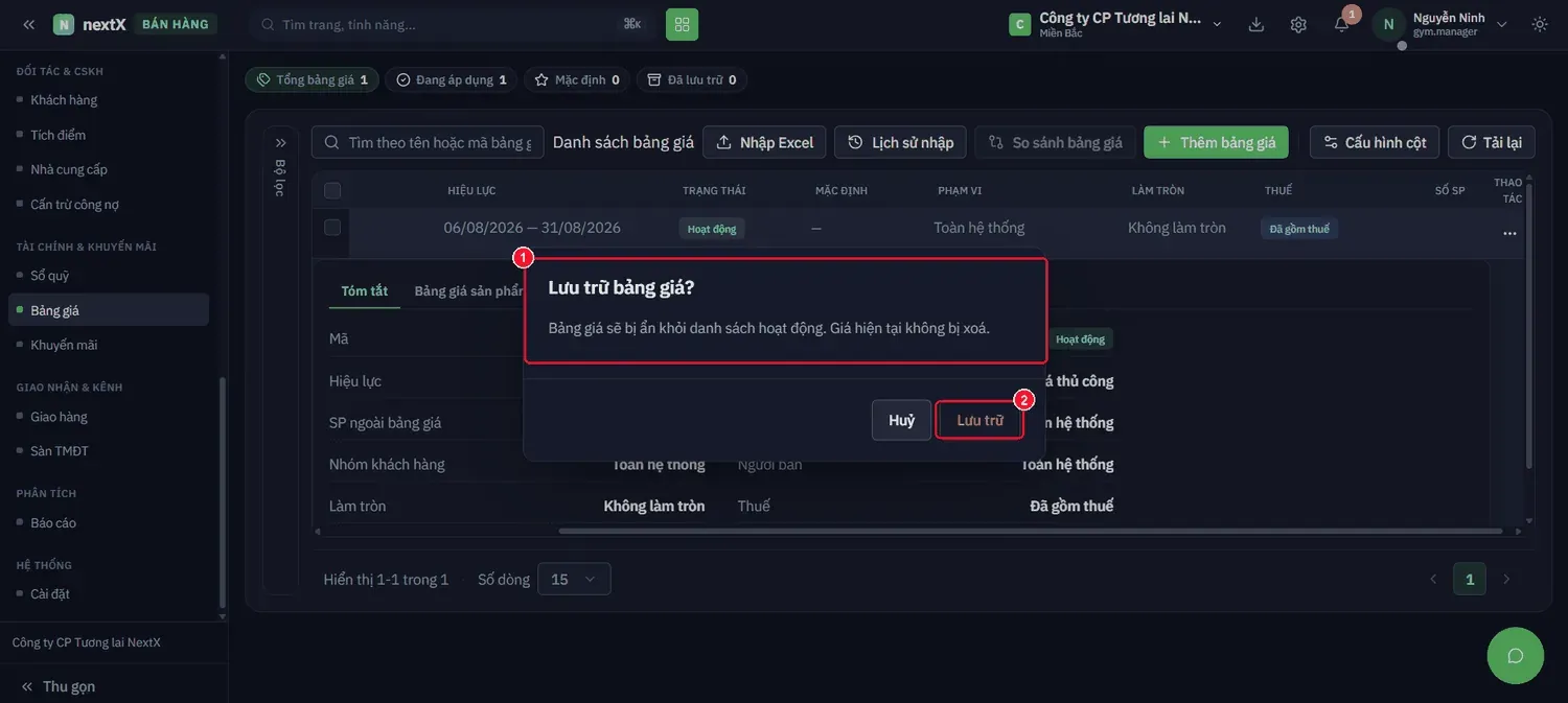 Chọn Lưu trữ → hộp thoại xác nhận (1) và nút Lưu trữ (2).