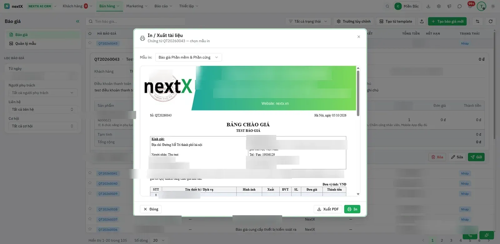 In hoặc xuất PDF báo giá.