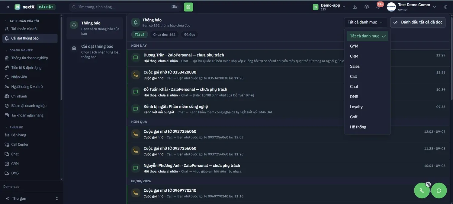 Các danh mục: GYM, CRM, Sales, Call, Chat, DMS, Loyalty, Golf và Hệ thống