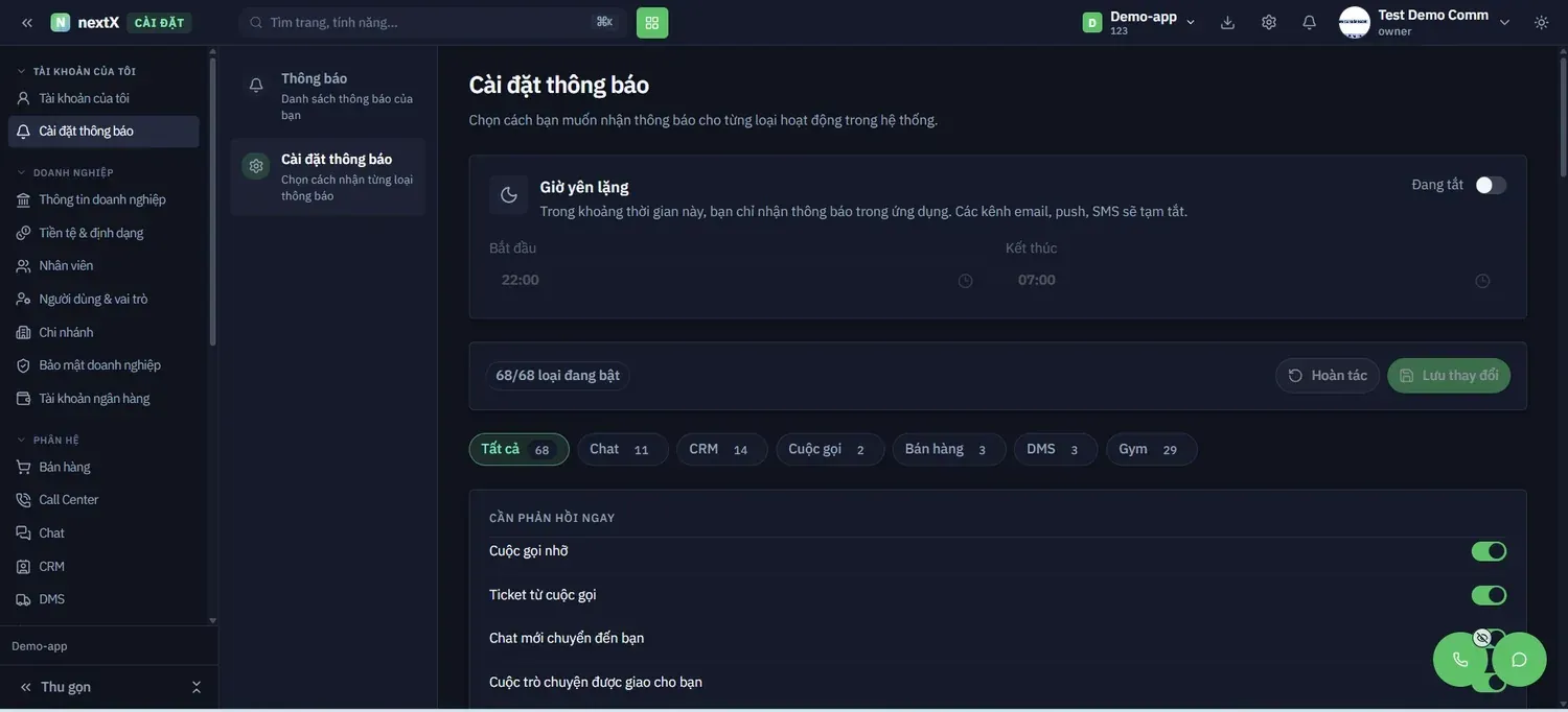Công tắc Giờ yên lặng (trên), nút Lưu thay đổi (giữa) và các nhóm phân hệ kèm số loại thông báo (dưới)