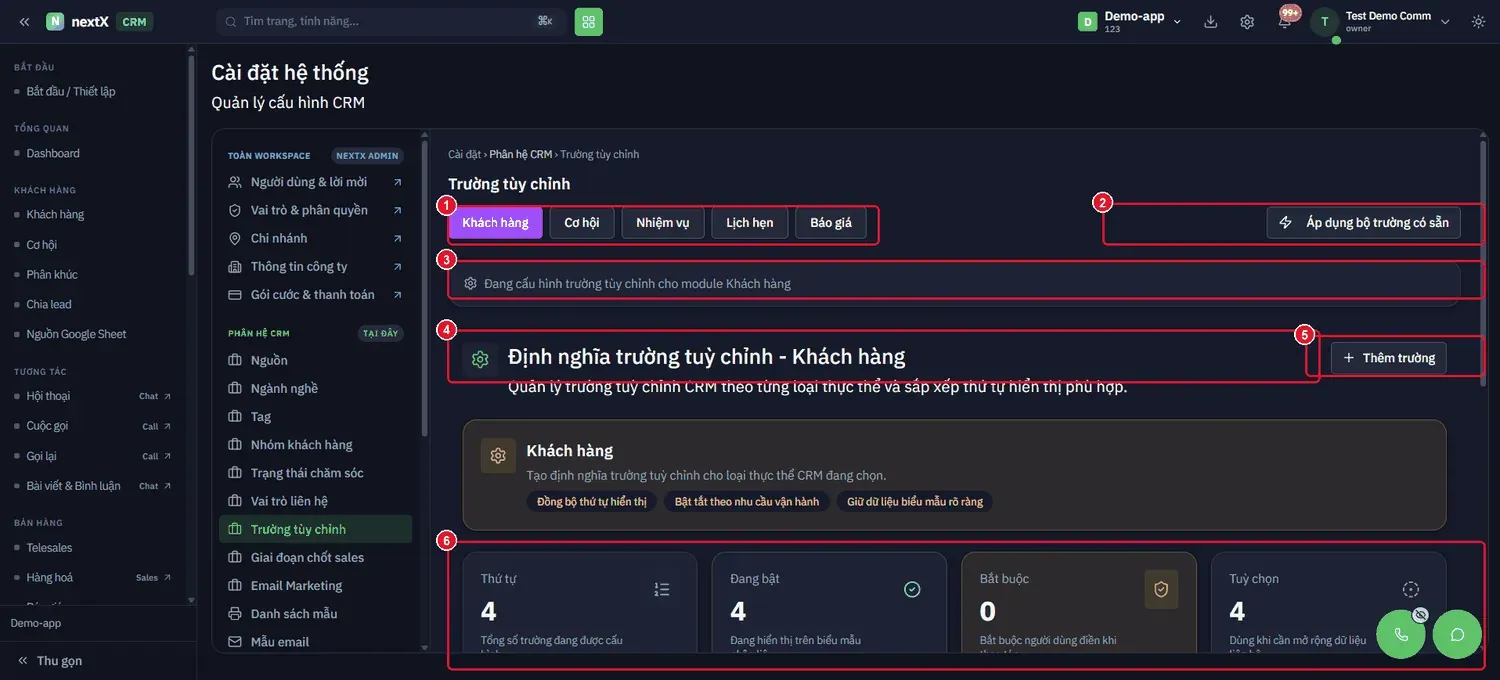 Nhấn Trường tuỳ chỉnh → hệ thống mở sang Cài đặt › Phân hệ CRM › Trường tuỳ chỉnh để thêm trường dữ liệu riêng của