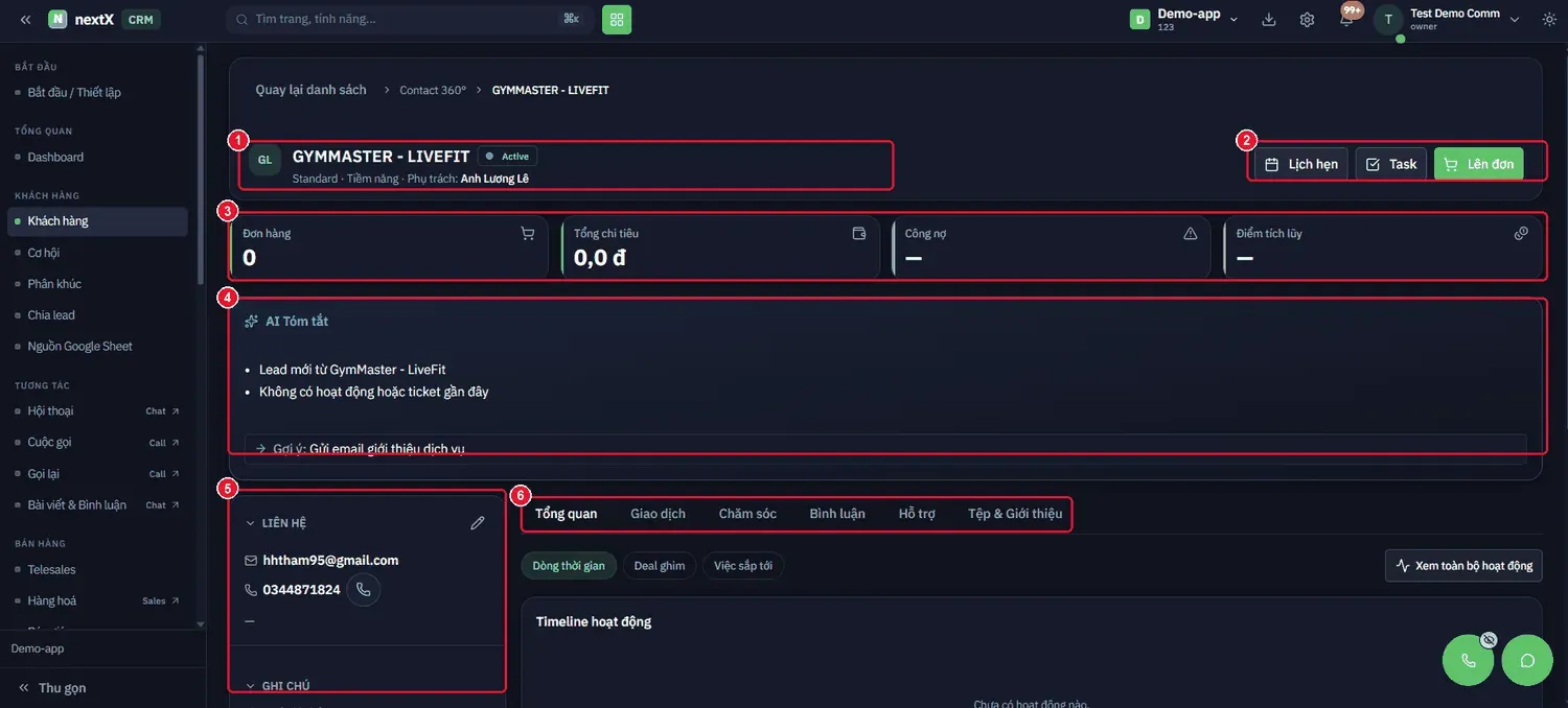 Nhấn Khách hàng 360 → hồ sơ đầy đủ, mở sang phân hệ CRM.