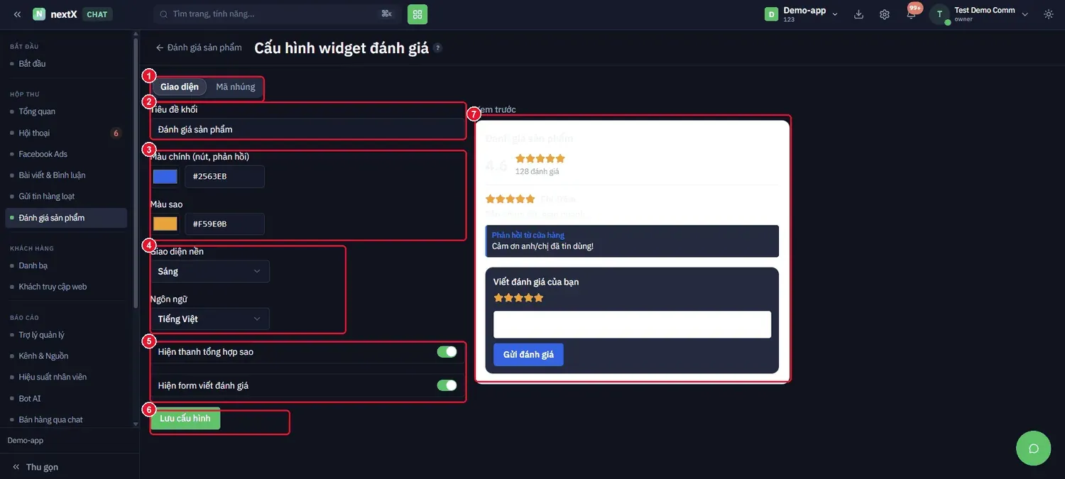 Nhấn Cấu hình widget → tuỳ chỉnh giao diện bên trái, xem trước kết quả ngay bên phải.