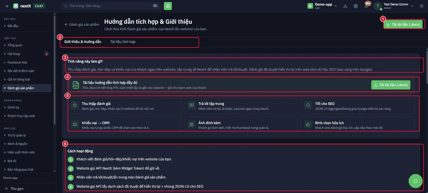 Nhấn Hướng dẫn tích hợp → “Cách đưa khối Đánh giá sản phẩm của NextX lên website của bạn.”