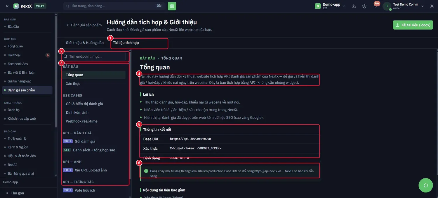 Tab Tài liệu tích hợp: tài liệu API đầy đủ dành cho đội kỹ thuật website — “bản tích hợp bằng API (không cần nhúng widget)”.