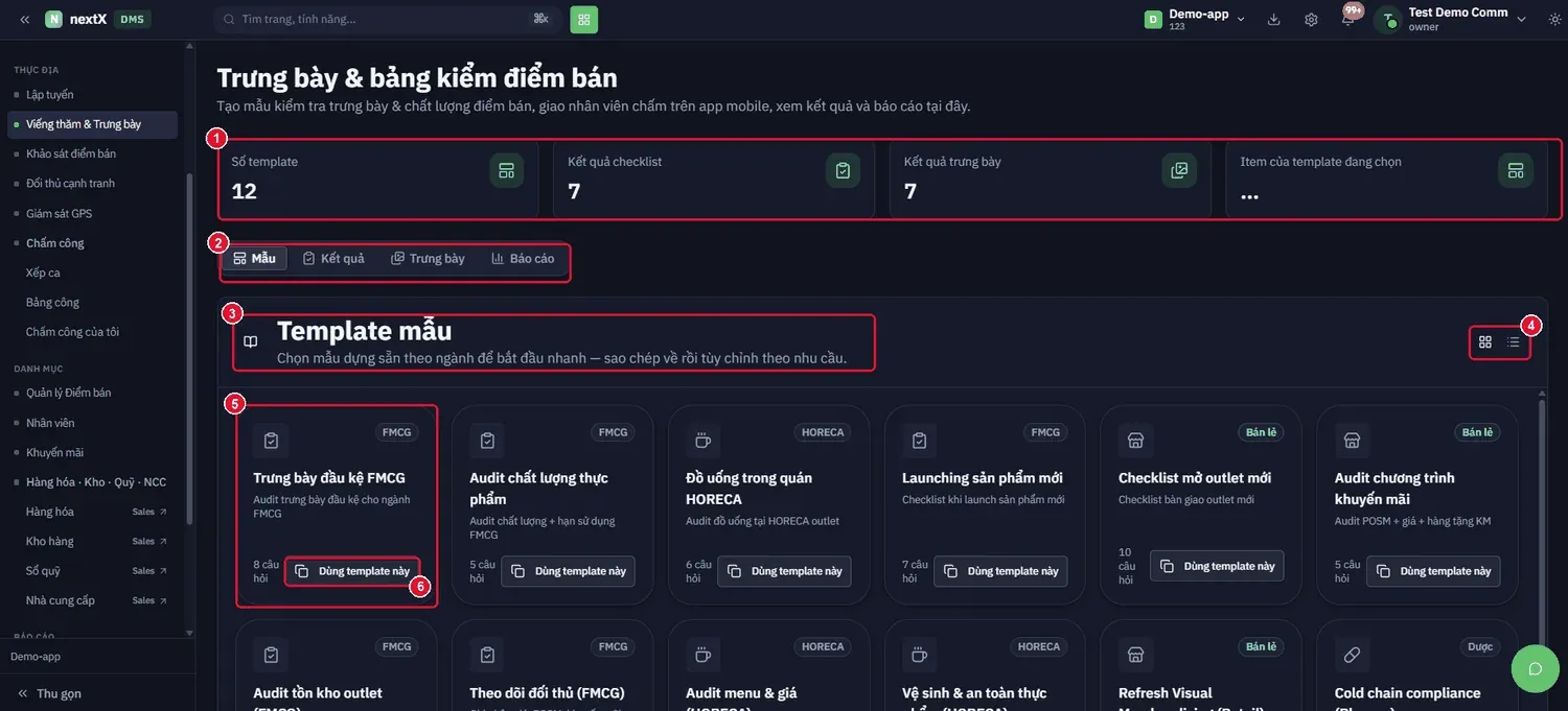 Màn Trưng bày & bảng kiểm điểm bán: 4 thẻ chỉ số, 4 tab Mẫu – Kết quả – Trưng bày – Báo cáo và thư viện Template mẫu