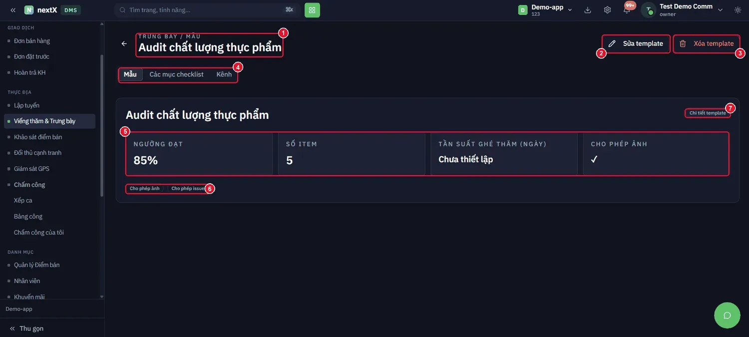 Trang chi tiết template: ba tab Mẫu – Các mục checklist – Kênh, bốn thẻ tóm tắt cấu hình và hai nút Sửa / Xóa template.