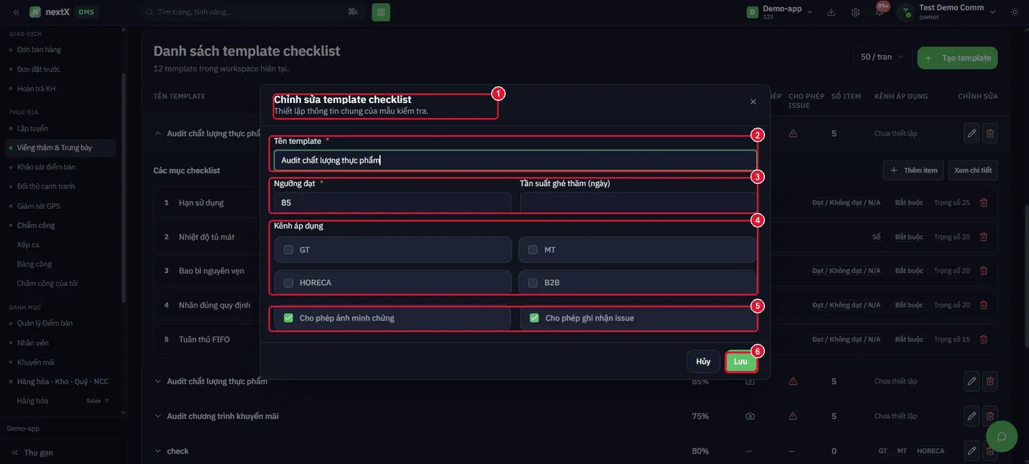 Hộp thoại Chỉnh sửa template checklist: sửa tên, ngưỡng đạt, tần suất, kênh áp dụng và hai quyền.
