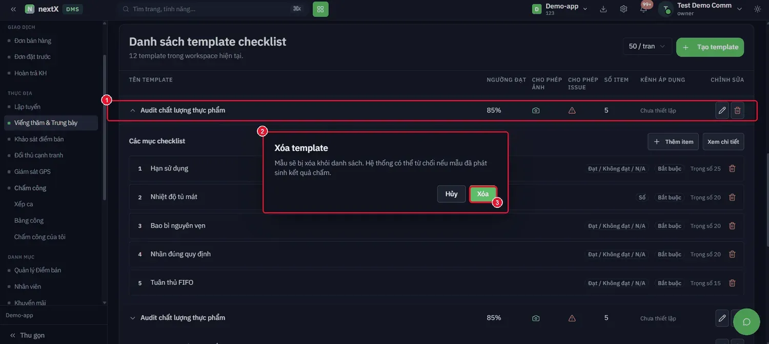 Hộp thoại Xóa template — hệ thống có thể từ chối nếu mẫu đã phát sinh kết quả chấm.