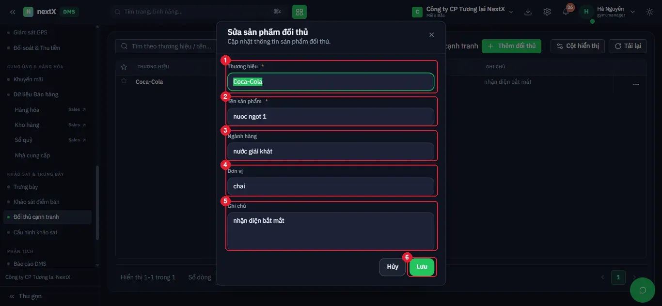 Hộp thoại Sửa sản phẩm đối thủ: cùng bố cục form thêm mới, dữ liệu đã điền sẵn.