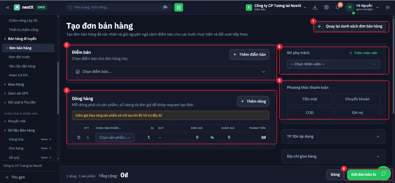 Màn Tạo đơn bán hàng: khối Điểm bán và Dòng hàng bên trái, NV phụ trách và phương thức thanh toán bên phải.