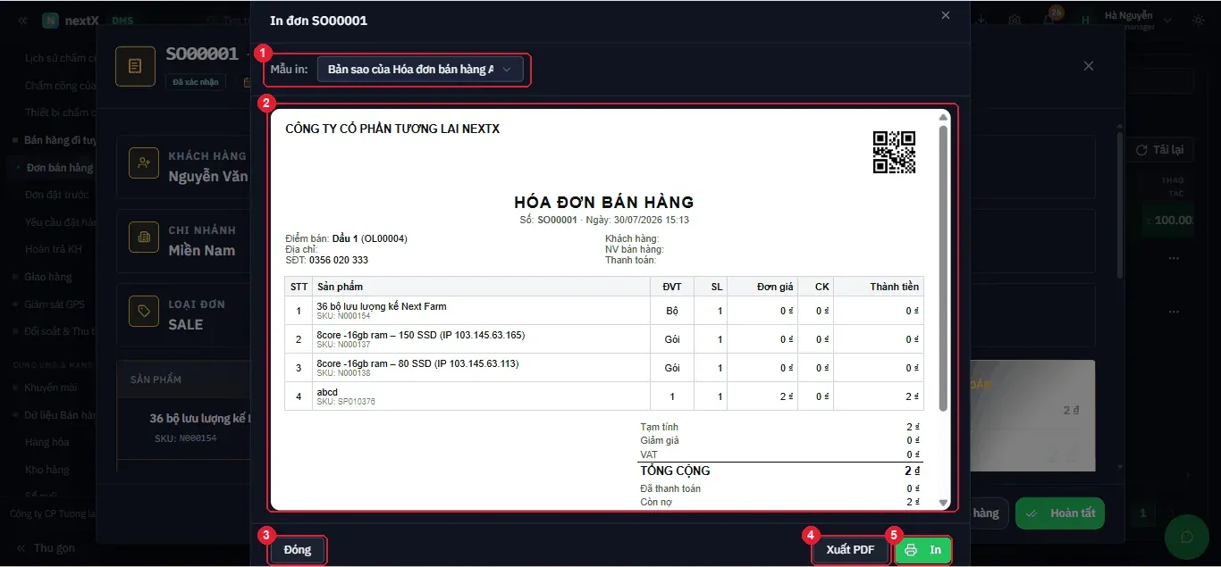 Hộp thoại In đơn: chọn mẫu in, xem trước hoá đơn đầy đủ kèm mã QR, xuất PDF hoặc in.