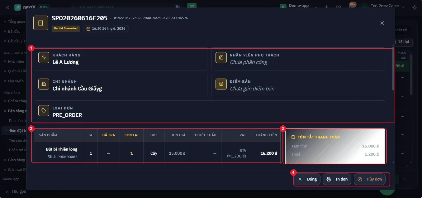 Chi tiết đơn đặt trước: loại đơn PRE_ORDER, cột VAT riêng trong bảng sản phẩm, chỉ có 3 nút thao tác.