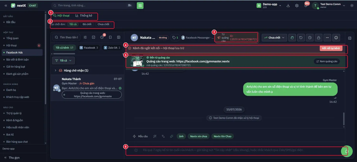 Tab Hội thoại của Facebook Ads: mỗi hội thoại kèm thẻ nguồn quảng cáo và mã chiến dịch.