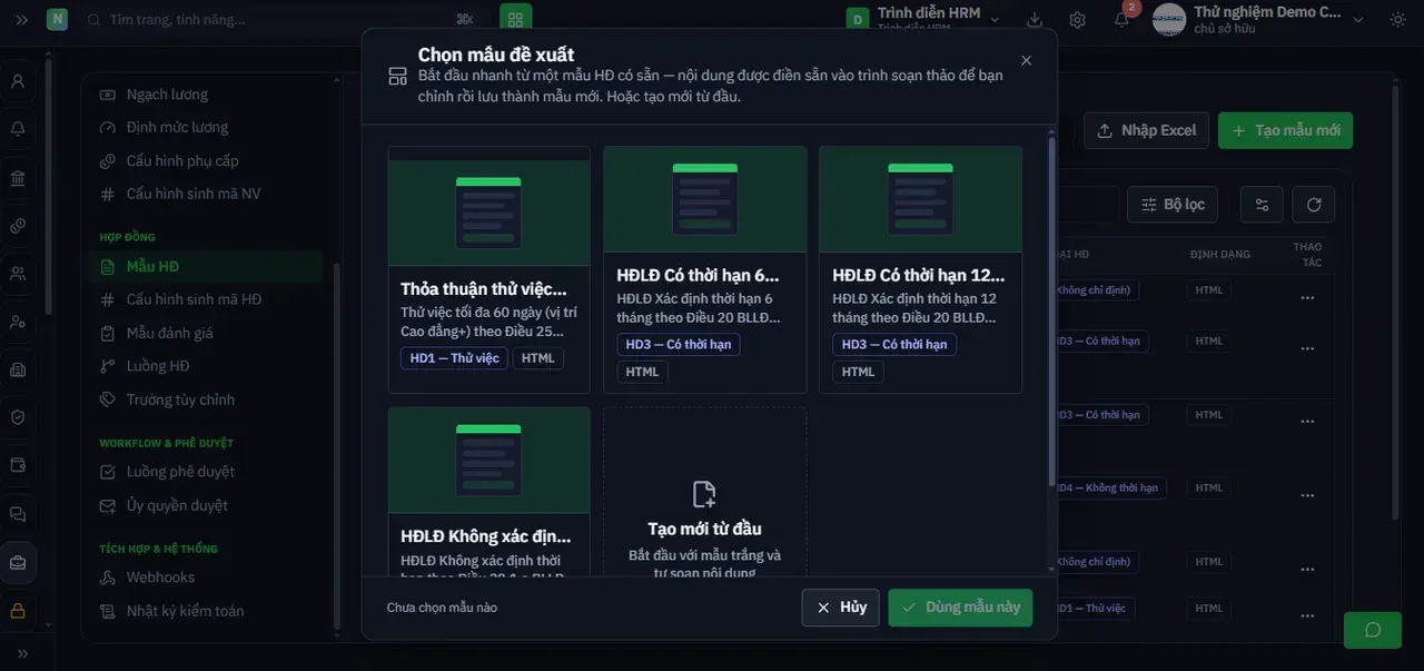 Hộp thoại Chọn mẫu đề xuất khi tạo mẫu hợp đồng mới