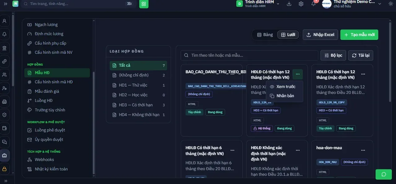 Menu thao tác trên thẻ mẫu: Xem trước · Nhân bản
