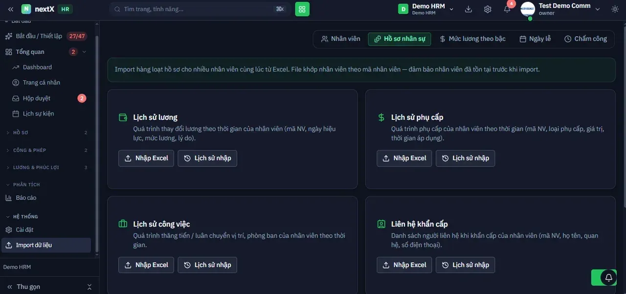 Tab Hồ sơ nhân sự — mỗi khối là một nhóm dữ liệu, có nút Nhập Excel và Lịch sử nhập riêng