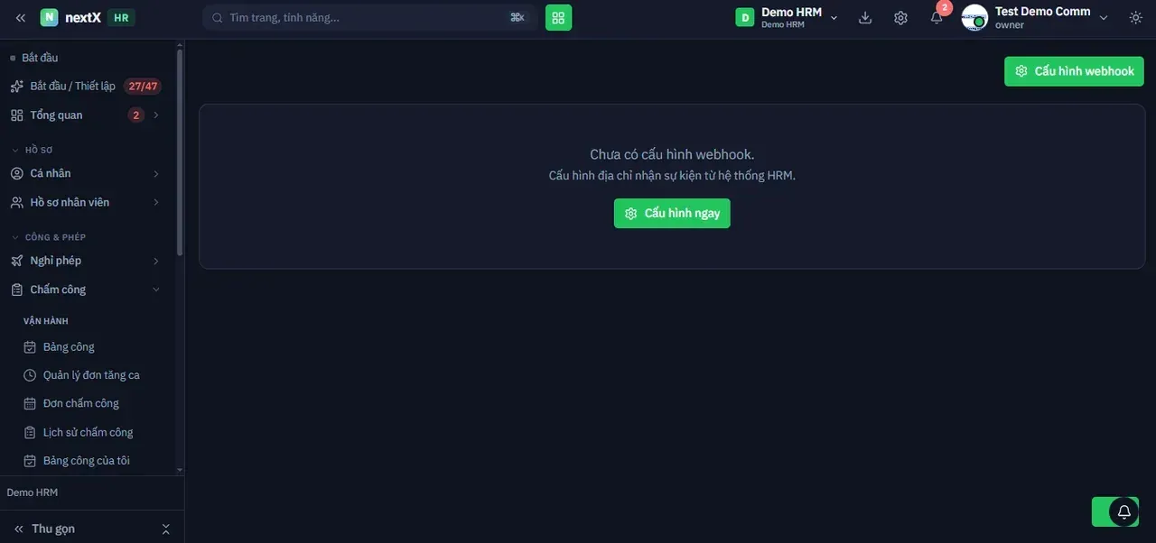 Webhooks — trạng thái khi chưa có cấu hình