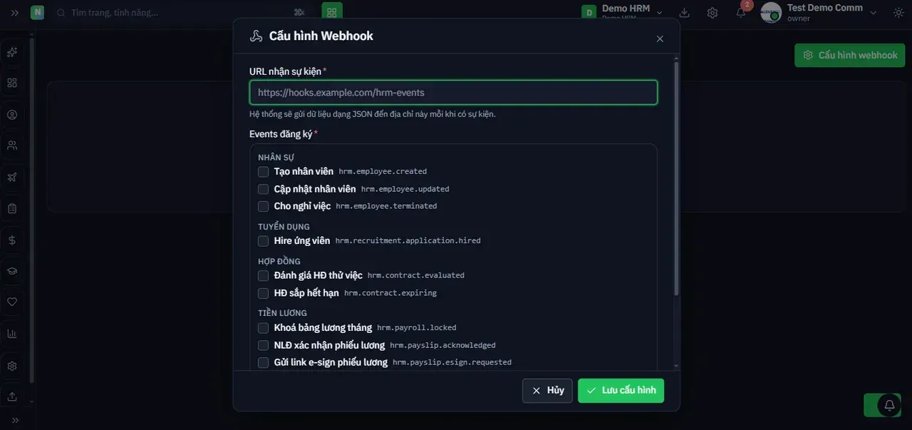 Hộp thoại Cấu hình Webhook — URL và danh sách sự kiện đăng ký