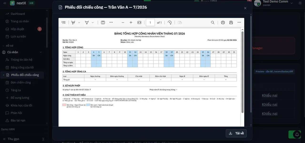 Bản PDF BẢNG TỔNG HỢP CÔNG NHÂN VIÊN — bốn phần: Tổng hợp công, Tổng hợp tăng ca, Số ngày phép và Chú thích ký