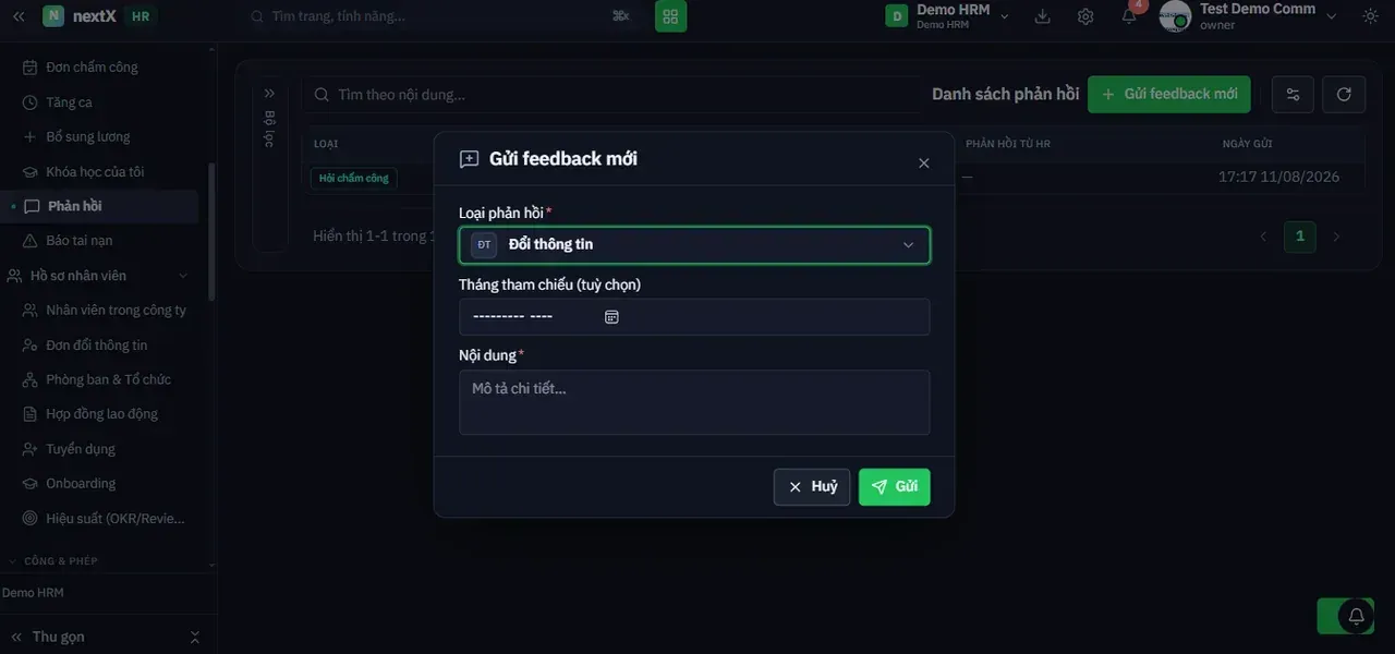 Hộp thoại Gửi feedback mới