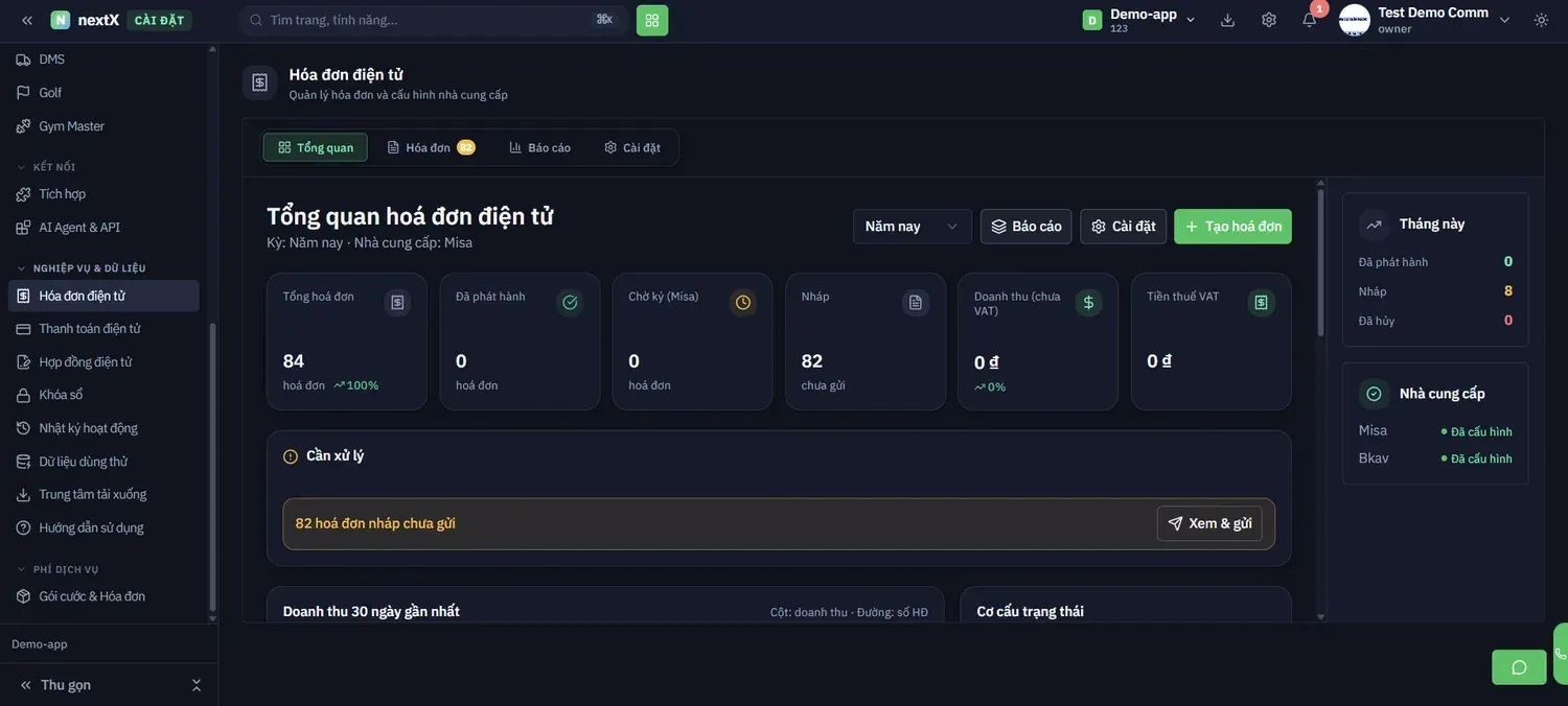 Bốn tab của module (mũi tên trên), nút + Tạo hoá đơn (mũi tên giữa) và nút Xem & gửi trong khối Cần xử lý (mũi tên dưới)