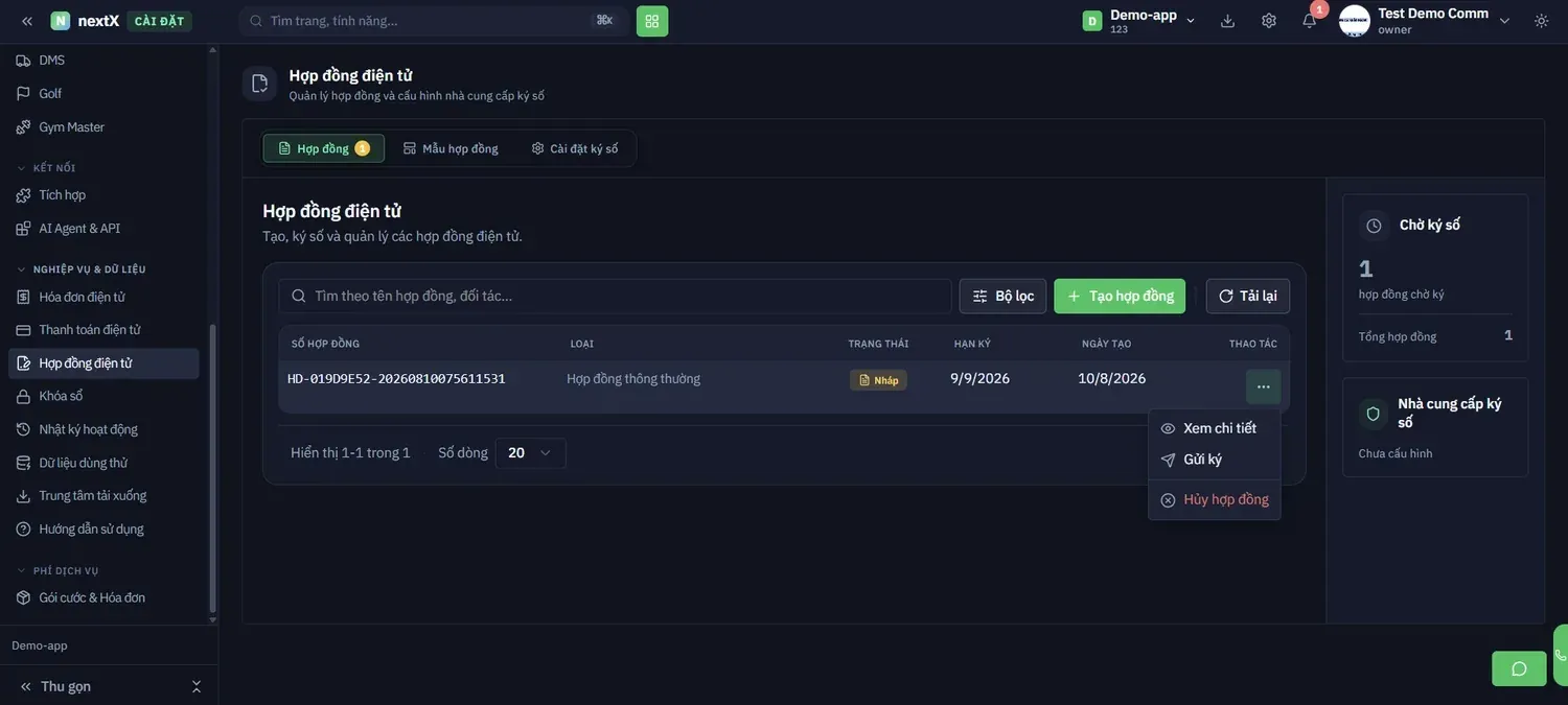 Nhấn “…” → menu Xem chi tiết · Gửi ký · Huỷ hợp đồng