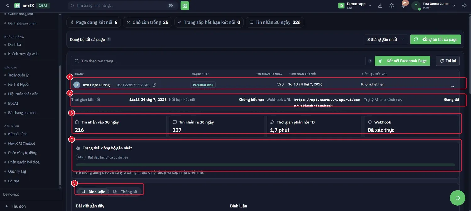Nhấn vào dòng Page → khối chi tiết mở ra bên dưới với thông số kết nối và tình trạng đồng bộ.