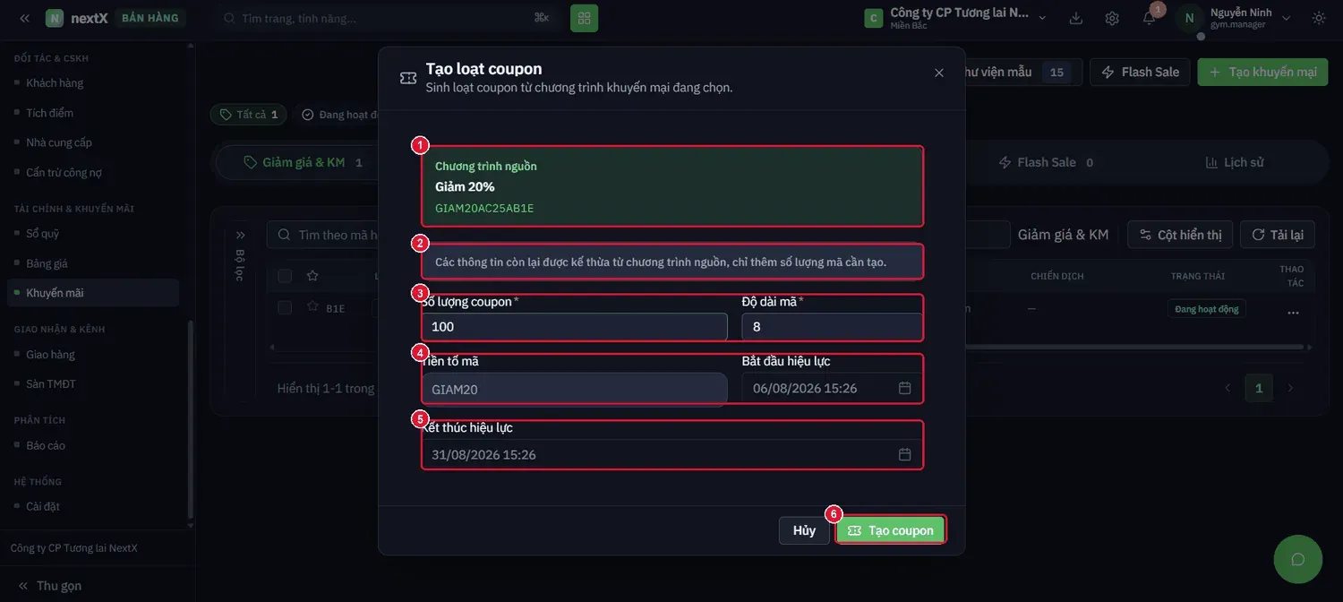 Form Tạo loạt coupon — sinh hàng loạt mã riêng biệt từ một chương trình khuyến mãi có sẵn.