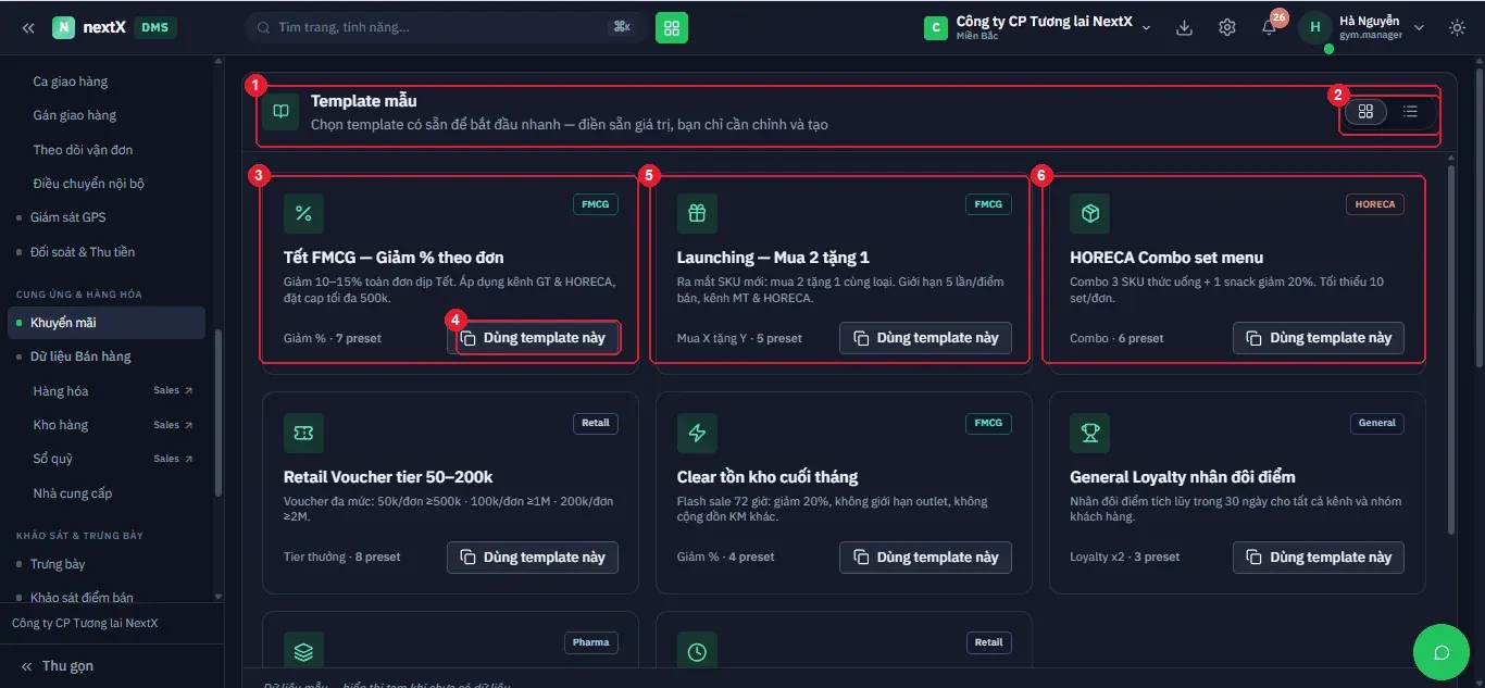 Khối Template mẫu: các mẫu dựng sẵn theo ngành, mỗi mẫu ghi rõ cơ chế và số preset.