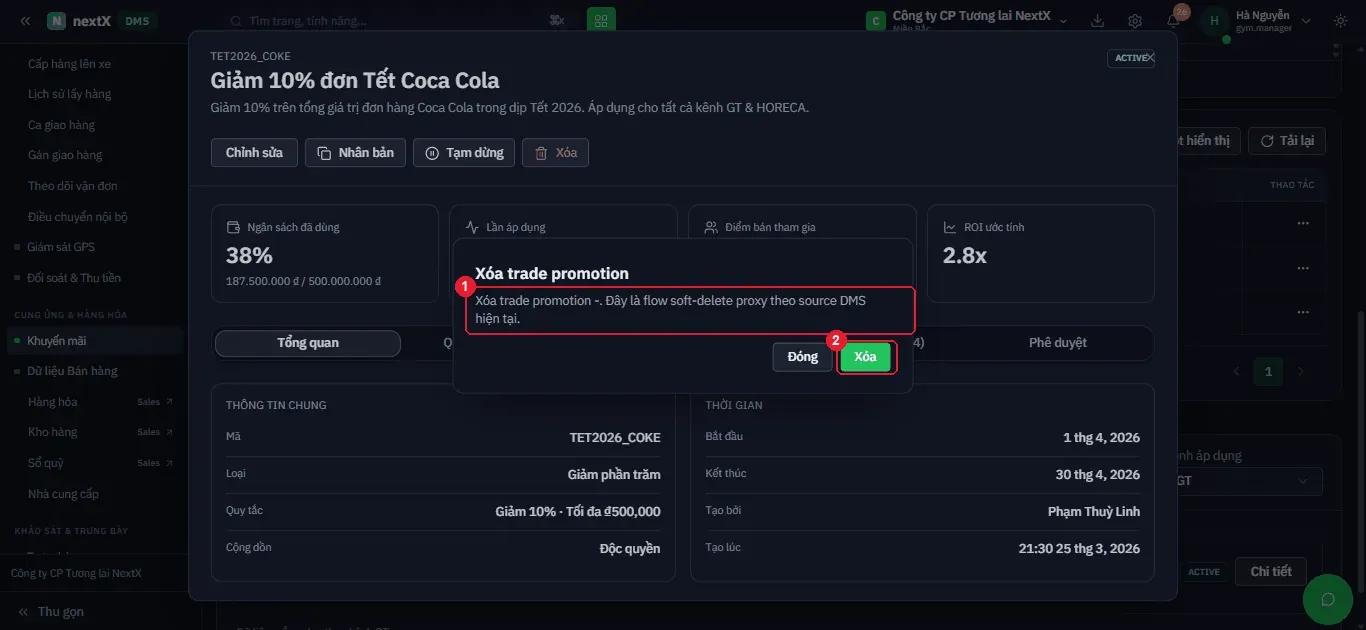 Hộp thoại Xóa trade promotion: đây là luồng soft-delete proxy theo source DMS.