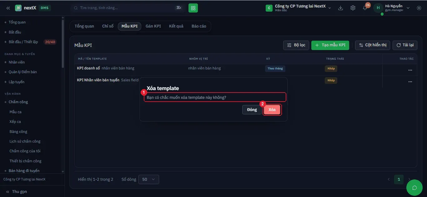 Hộp thoại Xóa template: xác nhận xoá mẫu KPI.