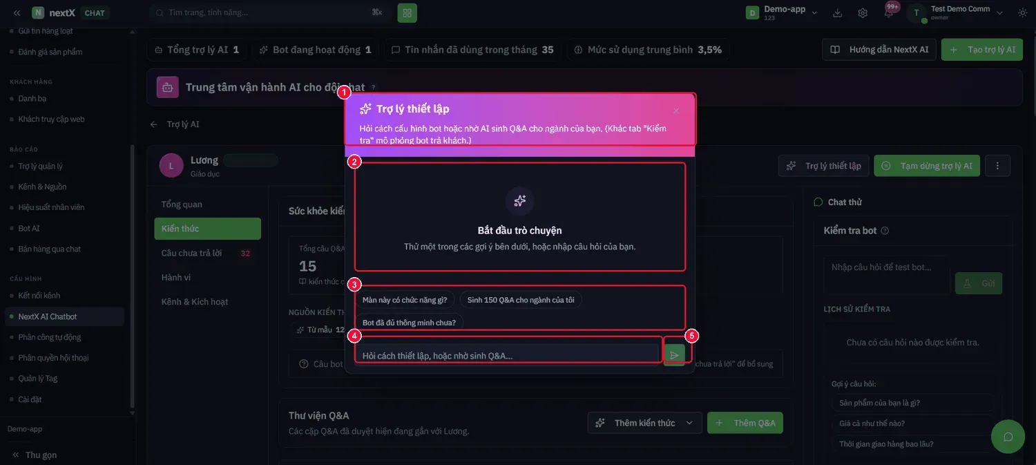 Nhấn Trợ lý thiết lập → “Hỏi cách cấu hình bot hoặc nhờ AI sinh Q&A cho ngành của bạn.”