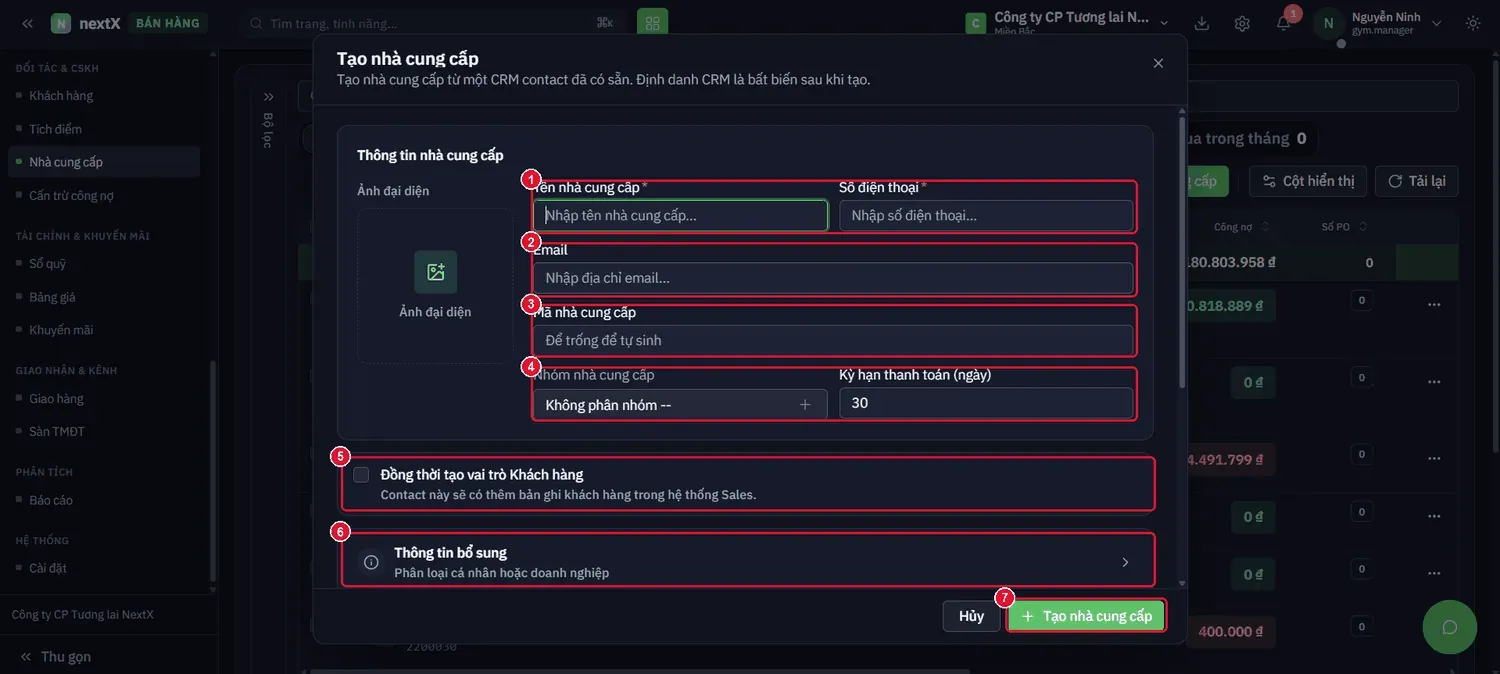Form Tạo nhà cung cấp — dòng phụ ghi rõ: Định danh CRM là bất biến sau khi tạo.