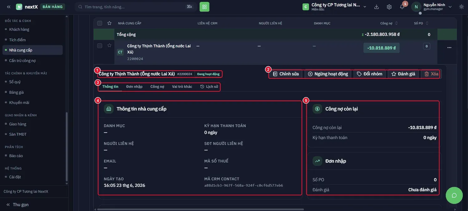 Hồ sơ nhà cung cấp: 5 tab, khối thông tin bên trái, khối công nợ và đơn nhập bên phải.