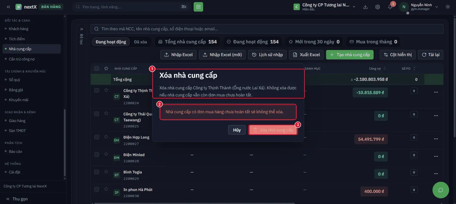 Hộp thoại xác nhận (1), khung cảnh báo ràng buộc (2) và nút Xoá nhà cung cấp đang bị khoá mờ (3).