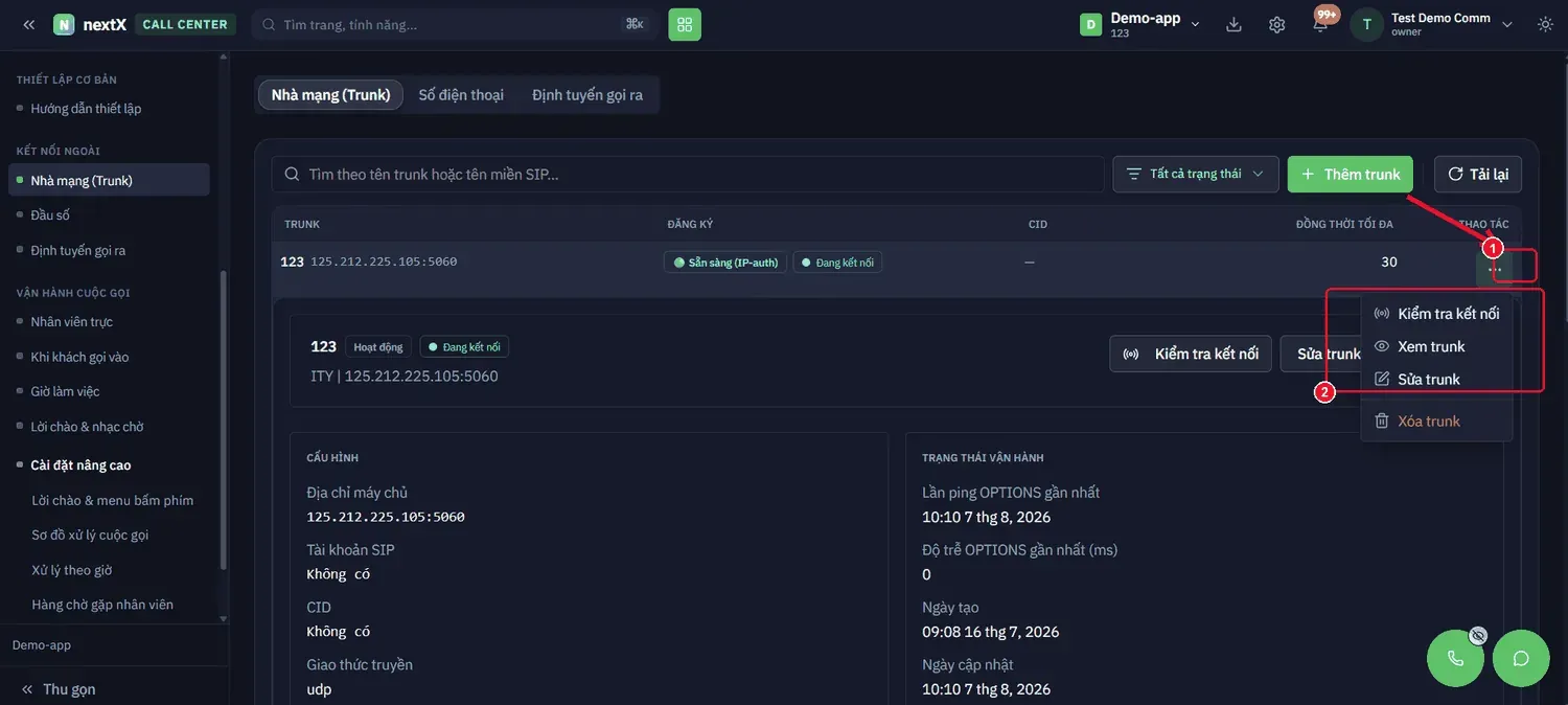 Nhấn nút ⋯ ở cột Thao tác (1) → menu Kiểm tra kết nối · Sửa trunk · Xoá trunk (2).