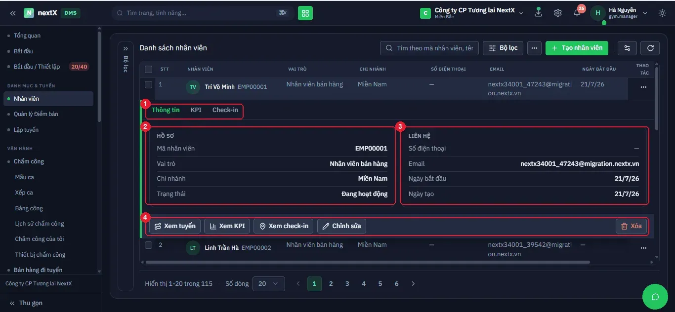 Bản ghi nhân viên mở rộng ngay trên bảng: 3 tab Thông tin – KPI – Check-in cùng dải nút thao tác.