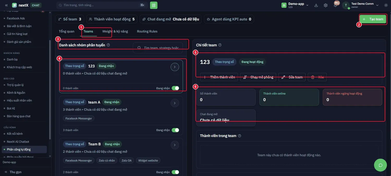 Tab Teams: danh sách nhóm bên trái, chi tiết nhóm đang chọn bên phải.