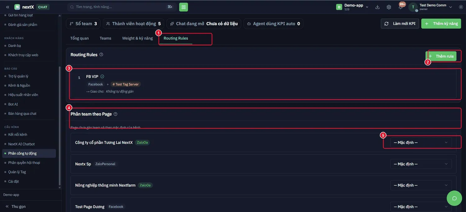 Tab Routing Rules: danh sách luật ở trên, khối Phân team theo Page ở dưới.