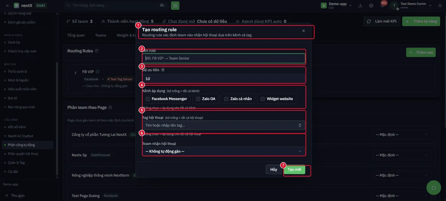 Nhấn + Thêm rule → “Routing rule xác định team nào nhận hội thoại dựa trên kênh và tag.”
