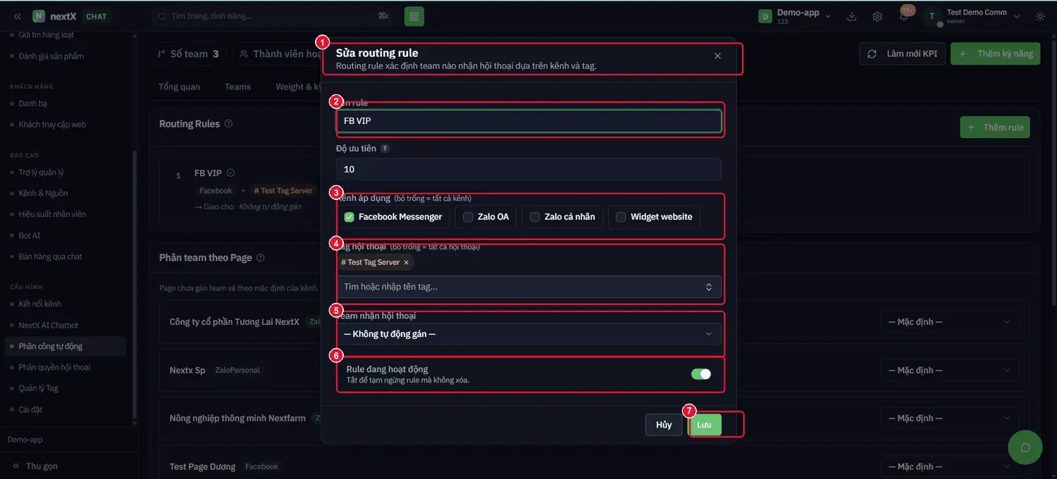 Nhấn biểu tượng bút chì trên luật → Sửa routing rule. So với form tạo, form sửa có thêm công tắc Rule đang hoạt động.