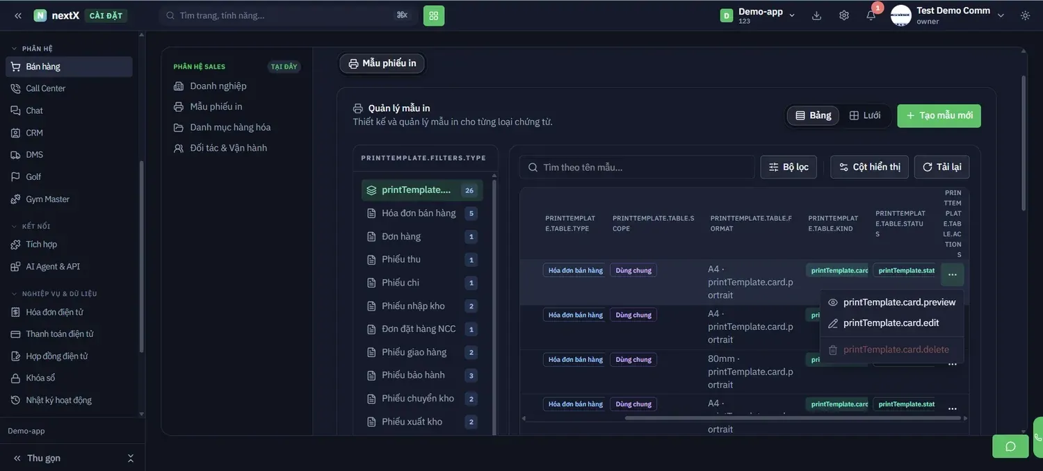Menu gồm 3 tác vụ: xem trước (preview) · sửa (edit) · xoá (delete)