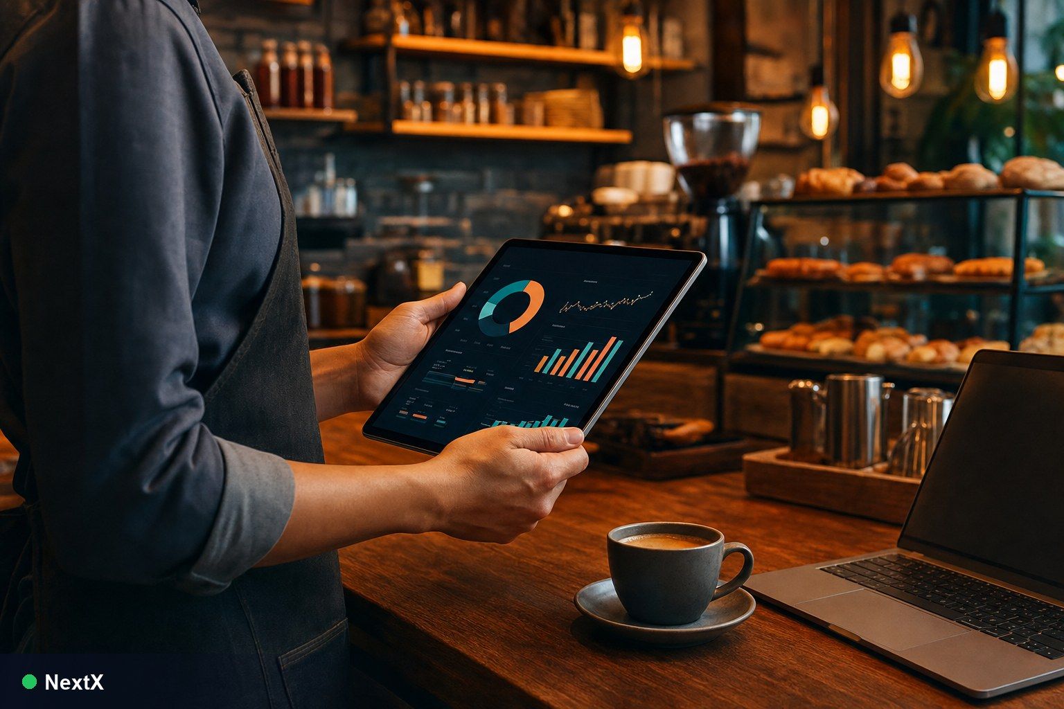NextX — Chủ quán cafe xem dashboard doanh thu real-time qua mobile