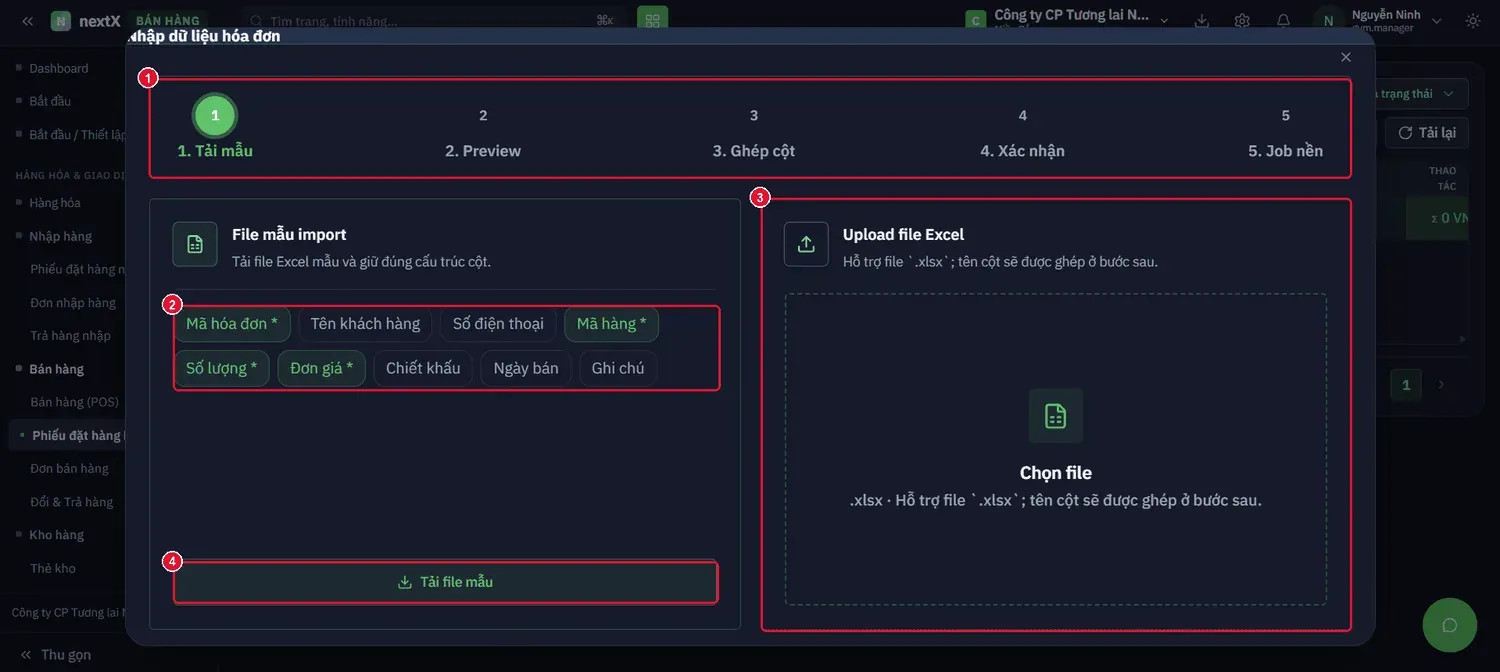Trình Nhập dữ liệu hoá đơn — 5 bước, tải file mẫu trước rồi mới upload.