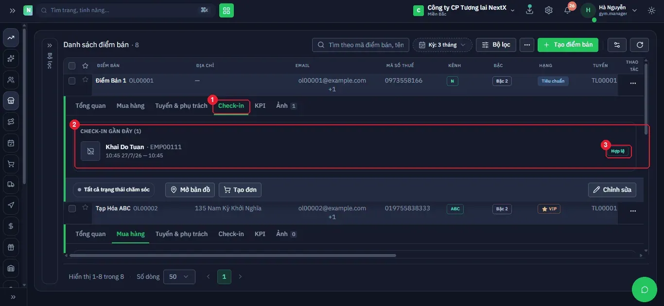 Tab Check-in: danh sách lượt check-in gần đây kèm nhân viên, thời điểm và nhãn Hợp lệ.