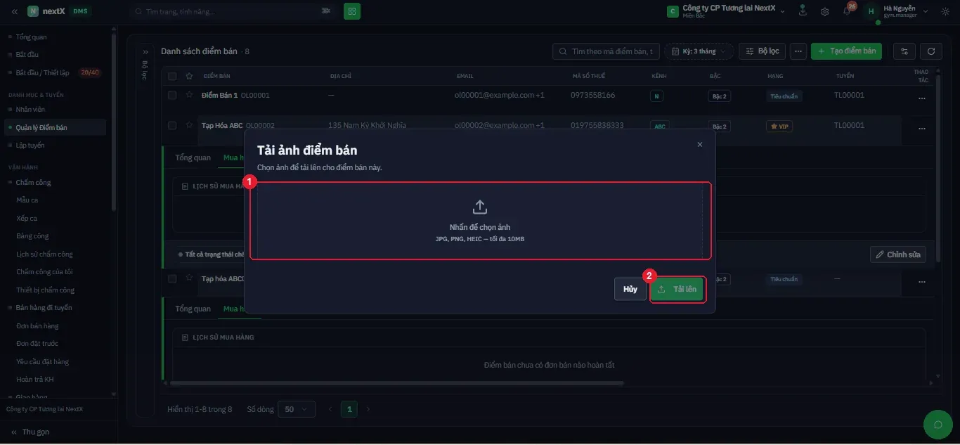 Hộp thoại Tải ảnh điểm bán: vùng chọn tệp, hỗ trợ JPG/PNG/HEIC tối đa 10MB.