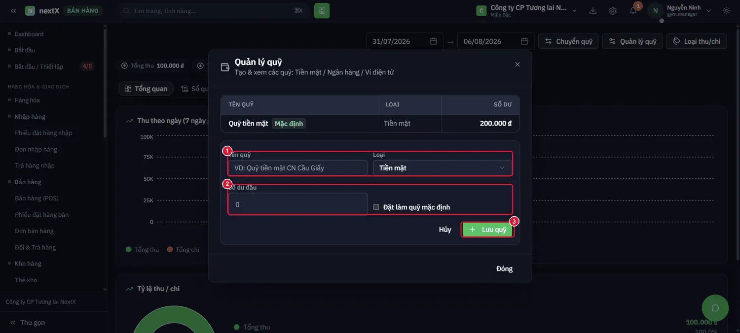 Nhấn + Thêm quỹ → form khai báo quỹ mới hiện ngay dưới bảng.