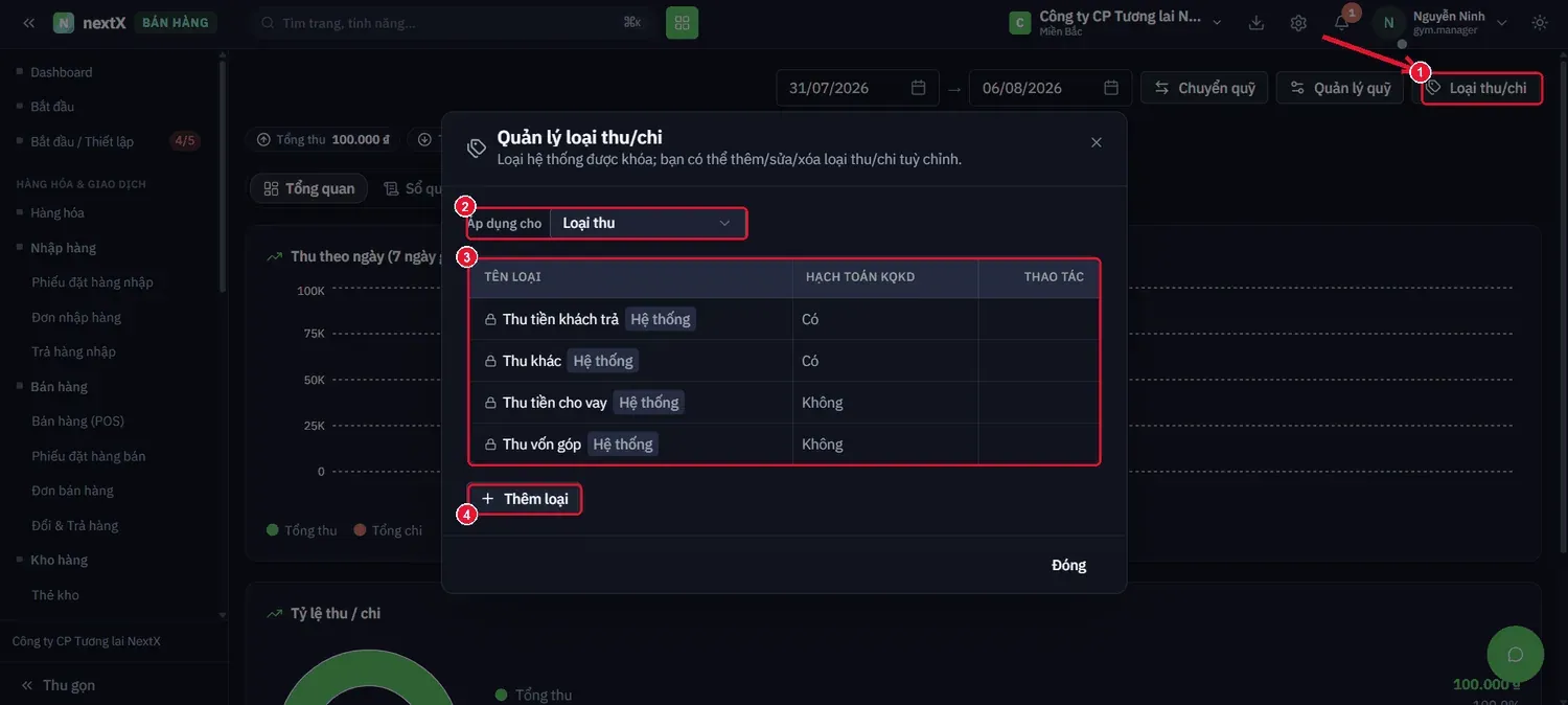 Nhấn Loại thu/chi (1) → hộp thoại quản lý danh mục loại thu và loại chi.