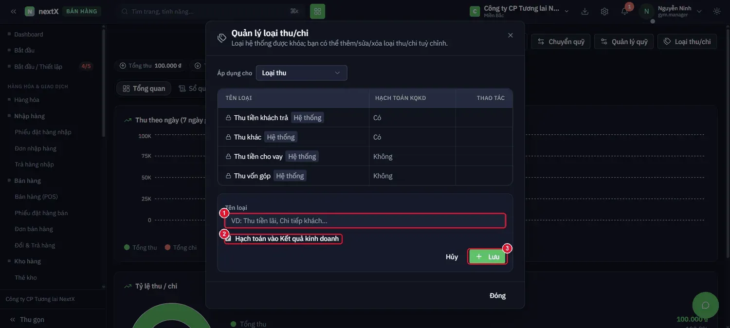 Nhấn + Thêm loại → form khai loại tuỳ chỉnh, ví dụ Thu tiền lãi, Chi tiếp khách.
